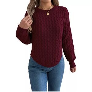 Unbranded Cable Knit Sweater Womens XL Burgundy Excellent Curved Hem Crew Neck